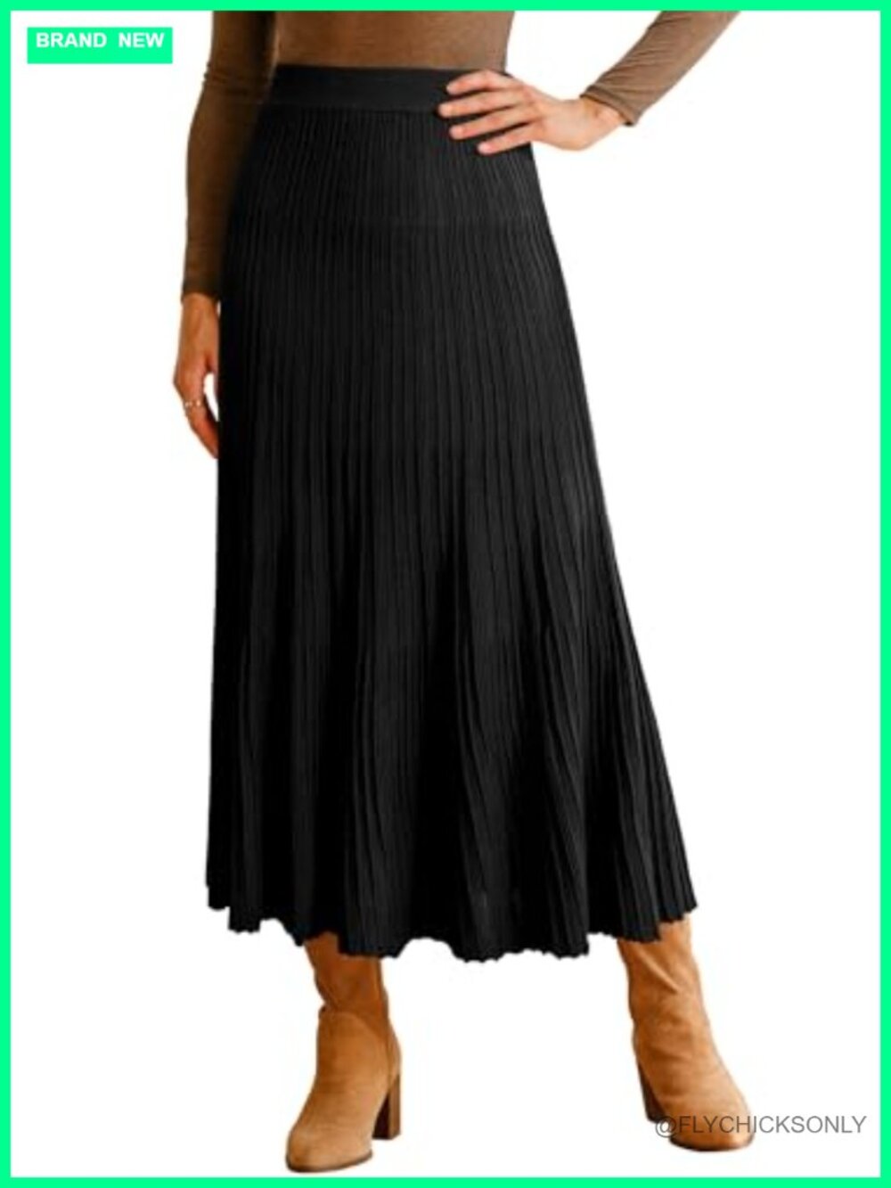 Wool Blend A-Line Pleated Flowy Long Skirt High Elastic Waist